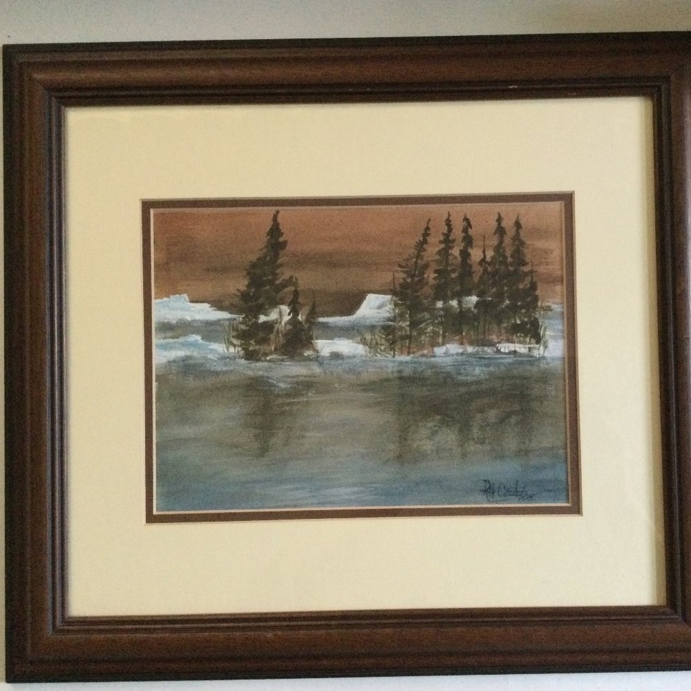 Original watercolor painting solid wood frame early snow near Gull Harbour